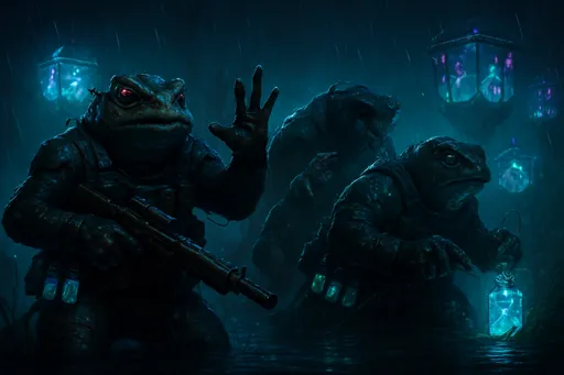 Prompt: "A squad of battle-hardened toad commandos on a mission under cover of darkness. Leader Wartley, a scarred veteran toad commander, signals to his team with webbed fingers as he grips a hemlock-dart launcher. Beside him, a hulking toad enforcer named Gulch disables a glowing Nectar ward with a glass cutter, his mottled camo skin dripping swamp water. In the shadows, a wiry scout called Brackish silently strangles a fairy sentry with garrote wire made from dragonfly tendons. The background reveals floating crystal vaults filled with pulsating fairy dust canisters, their reflections shimmering in the marshwater below. Dark neon-fantasy lighting, cinematic tension, rain-slick textures, and MGS-inspired tactical vibes."

### Key Details:
- Wartley: Cybernetic left eye flickering with targeting data, teal toxin sacs bulging under his chin
- Gulch: Infamous 'Bogfist' gauntlets, reinforced with leech teeth knuckles
- Brackish: Tail coiled around a throwing knife, gills flared for silent movement
- Background: Crimson Court fairies frozen mid-dance in Nectar-addled bliss, unaware of the incursion
- Loot: Glowing dust vials strapped to their belts, some leaking shimmering gold powder
- Lighting: Neon aqua and deep violet, with lens flare from distant fairy lanterns

Style References: Metal Gear Solid meets Dark Souls swamp levels, hyper-detailed, volumetric fog, 8k render.