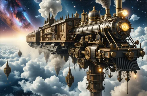 Prompt: "A massive, submarine-sized steampunk locomotive flies through a sprawling, three-dimensional Victorian London suspended in space. The locomotive features intricate brass pipes, glowing portholes, and churning smokestacks, leaving a trail of soot as it navigates through layers of floating islands and industrial debris. The city is a labyrinth of interconnected cogs, machinery, and gothic buildings, stacked vertically and stretching into the starry void. Each level features iron bridges, towering chimneys, and crumbling Victorian structures, with glowing gas lamps and fiery furnaces casting an eerie light. The backdrop is an endless expanse of space, with swirling nebulae and distant stars illuminating the polluted, industrial chaos of this surreal, fragmented London."