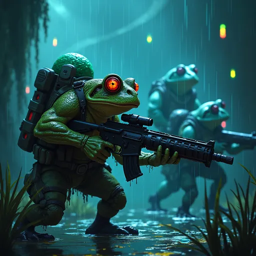 Prompt: "A squad of battle-hardened toad commandos infiltrating a bioluminescent fairy stronghold under cover of darkness. Leader Wartley, a scarred veteran with a cybernetic eye, signals to his team with webbed fingers as he grips a hemlock-dart launcher. Beside him, a hulking toad enforcer named Gulch disables a glowing Nectar ward with a glass cutter, his mottled camo skin dripping swamp water. In the shadows, a wiry scout called Brackish silently strangles a fairy sentry with garrote wire made from dragonfly tendons. The background reveals floating crystal vaults filled with pulsating fairy dust canisters, their reflections shimmering in the marshwater below. Dark neon-fantasy lighting, cinematic tension, rain-slick textures, and MGS-inspired tactical vibes."

### Key Details:
- Wartley: Cybernetic left eye flickering with targeting data, teal toxin sacs bulging under his chin
- Gulch: Infamous 'Bogfist' gauntlets, reinforced with leech teeth knuckles
- Brackish: Tail coiled around a throwing knife, gills flared for silent movement
- Background: Crimson Court fairies frozen mid-dance in Nectar-addled bliss, unaware of the incursion
- Loot: Glowing dust vials strapped to their belts, some leaking shimmering gold powder
- Lighting: Neon aqua and deep violet, with lens flare from distant fairy lanterns

Style References: Metal Gear Solid meets Dark Souls swamp levels, hyper-detailed, volumetric fog, 8k render.