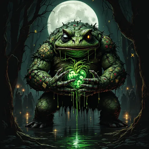 Prompt: Dark fantasy, gritty realism "A grizzled giant toad standing in a moonlit swamp, his emerald-and-crimson warts glistening with toxic slime. Clawed hands plunge into his own chest, gripping a glowing Leechwort vine wrapped around his still-beating, anatomically accurate heart. Black ichor drips from the wound as golden runes float in the air, casting eerie reflections on the murky water. His milky white eye is rolling back in agony, while the good eye burns with defiance. The background swarms with shadowy toad cultists in reed armor, their lanterns flickering as ghostly faces writhe within Barry's extracted heart. Moody, hyper-detailed, dark fantasy style. Composition inspired by Caravaggio's dramatic lighting."

Key Details to Reference:
- Toad Anatomy: Warty skin, hunched posture, muscular frog legs braced in ritual mud
- The Heart: Bioluminescent, threaded with pulsating vines, faint screaming faces in the glow
- Setting: Swamp altar of twisted roots and bones, mist curling around his ankles