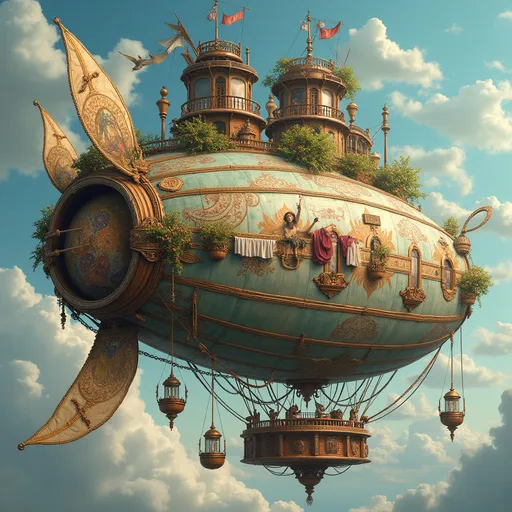 Prompt: "A sprawling blimp with hundreds of occupants, adorned with baroque and rococo-inspired patterns, ornate flourishes, and gilded trims. The ship itself, though rustic and handmade, incorporates touches of elegance: curving, hand-carved wooden railings, intricately filigreed metal accents, and faded but beautifully detailed frescoes painted on the sides of its cabins. The balloons are a mix of grand, tapestry-like fabrics in soft pastel hues, stitched together with visible care, and they sway gently as they lift the ship. Narrow, uneven wooden walkways and rope bridges connect the ship's many precariously perched sections, while delicate lanterns with curved, ornate frames dangle and sway in the breeze. Vibrant signs of life fill the scene: laundry in jewel-toned silks and linens hangs from carved balconies, small potted gardens bloom with roses and herbs, and open windows reveal cozy interiors with weathered but elegant furniture. Residents bustle carefully across platforms, their attire hinting at a playful mix of practicality and rococo flair. The entire airship exudes a sense of adventurous beauty, as it drifts against a backdrop of glowing skies and distant, rolling landscapes below."