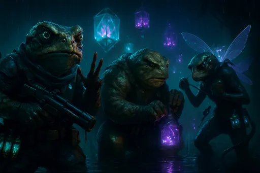 Prompt: "A squad of battle-hardened toad commandos on a mission under cover of darkness. Leader Wartley, a scarred veteran toad commander, signals to his team with webbed fingers as he grips a hemlock-dart launcher. Beside him, a hulking toad enforcer named Gulch disables a glowing Nectar ward with a glass cutter, his mottled camo skin dripping swamp water. In the shadows, a wiry scout called Brackish silently strangles a fairy sentry with garrote wire made from dragonfly tendons. The background reveals floating crystal vaults filled with pulsating fairy dust canisters, their reflections shimmering in the marshwater below. Dark neon-fantasy lighting, cinematic tension, rain-slick textures, and MGS-inspired tactical vibes."

### Key Details:
- Wartley: Cybernetic left eye flickering with targeting data, teal toxin sacs bulging under his chin
- Gulch: Infamous 'Bogfist' gauntlets, reinforced with leech teeth knuckles
- Brackish: Tail coiled around a throwing knife, gills flared for silent movement
- Background: Crimson Court fairies frozen mid-dance in Nectar-addled bliss, unaware of the incursion
- Loot: Glowing dust vials strapped to their belts, some leaking shimmering gold powder
- Lighting: Neon aqua and deep violet, with lens flare from distant fairy lanterns

Style References: Metal Gear Solid meets Dark Souls swamp levels, hyper-detailed, volumetric fog, 8k render.