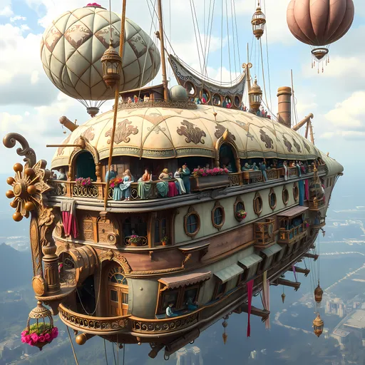 Prompt: "A sprawling blimp with hundreds of occupants, adorned with ornate flourishes, and gilded trims. It is a mixture of steampunk and baroque styling. The ship itself, though rustic and handmade, incorporates touches of elegance: curving, hand-carved wooden railings, intricately filigreed metal accents, and faded but beautifully detailed frescoes painted on the sides of its cabins. The balloons are a mix of grand, tapestry-like fabrics in soft pastel hues, stitched together with visible care, and they sway gently as they lift the ship. Narrow, uneven wooden walkways and rope bridges connect the ship's many precariously perched sections, while delicate lanterns with curved, ornate frames dangle and sway in the breeze. Vibrant signs of life fill the scene: laundry in jewel-toned silks and linens hangs from carved balconies, small potted gardens bloom with roses and herbs, and open windows reveal cozy interiors with weathered but elegant furniture. Residents bustle carefully across platforms. The entire airship exudes a sense of adventurous beauty, as it drifts against a backdrop of glowing skies and distant, rolling landscapes below."