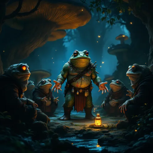 Prompt: "A tense clandestine meeting in the shadows of the swamp, featuring Barry the formidable toad standing before the ancient Swamp Council. The dim glow of bioluminescent fungi illuminates the scene as they discuss the growing threat of Chichi and her uncontrollable Nectar-fueled powers."

Full prompt details:

Dramatic cinematic scene of a massive wart-covered toad (Barry) standing in the center of a dark, misty swamp clearing, addressing a semi-circle of elderly, robed toads (Swamp Council) sitting on giant mushroom thrones. Golden light from glowing mushrooms and fireflies casts eerie shadows on their wizened faces as Barry gestures emphatically with his webbed hands. The background reveals:

1. Barry's Characteristics:
- 3-foot tall muscular toad with mottled green and crimson warts
- Military-style bandolier with vials of Leechwort poison
- Nervous sweat beading on his toxin-secreting skin
- One milky blind eye, one sharp yellow eye narrowed in concern

2. Swamp Council Details:
- Five ancient toads in tattered ceremonial robes
- Each holding carved staffs topped with different swamp relics (dragonfly skulls, crystals, etc.)
- Skeptical but worried expressions illuminated by the glow of their pipes

3. Environment Elements:
- Mist curling around twisted cypress knees
- Old battle maps spread across a stone table carved with runes
- A glowing image of Chichi (semi-transparent) projected above the table via swamp magic
- Distorted reflections in the black water underfoot

4. Key Lighting and Atmosphere:
- Dramatic noir-style lighting with shafts of golden bioluminescence
- Heavy fog diffusing the light sources
- Ultra-detailed textures on every surface (warty skin, damp wood, woven reeds)
- Sense of palpable tension in the body language

Art Style: Hyper-realistic dark fantasy, inspired by Dishonored concept art with a touch of Witcher-style grittiness. 8K render quality with exceptional atmospheric effects and lighting.