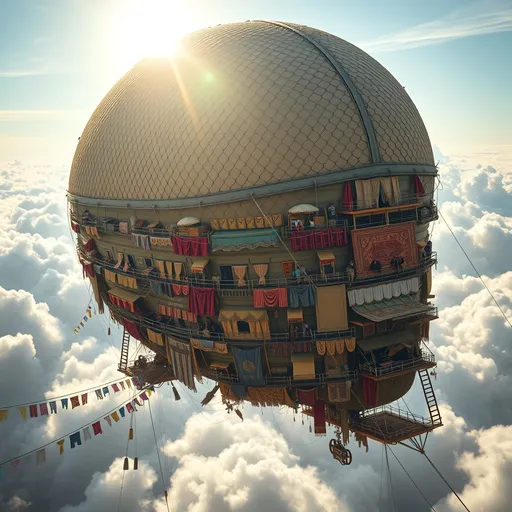 Prompt: "A colossal blimp, so massive it houses thousands of people, floats majestically in the radiant sunshine, high among soft, glowing clouds. The enormous balloon, covered in tightly woven netting, serves as the foundation for a sprawling airborne city. The dwellings are packed closely against the blimp's surface, forming several stacked floors and decks that hug the balloon’s vast curvature. These living quarters are crafted from richly decorated tenting, oriental-style rugs, and cascading tapestries, creating a mesmerizing tapestry of colors and patterns.
Balconies and platforms jut out at various levels, offering residents places to gather, work, or simply enjoy the stunning views. Laundry hangs in abundance, draped over ropes and railings, fluttering brightly in the breeze, adding life and movement to the scene. Walkways, ladders, and suspended bridges connect the various levels, showing how residents navigate this enormous structure with ease and ingenuity. Narrow staircases and rope systems provide access to the higher decks, while pulley-operated baskets and lifts hint at how goods and supplies are transported across this airborne community.
Small signs of daily life are everywhere: more laundry strung between balconies, potted plants lining the walkways, children playing on tiny enclosed platforms, and residents chatting as they move between their tightly clustered homes. The vastness of the blimp is emphasized by its endless array of dwellings, each intricately decorated and glowing warmly in the sunlight. The blimp’s vibrant, medieval-oriental aesthetic makes it appear like a floating palace in the sky, a testament to human creativity and adaptability in this boundless airborne world."