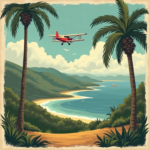 Prompt: peninsula Sierra Leone in vintage poster style with plane. name the scene Romarong 