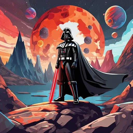 Prompt: Darth Vader with red lightsaber standing on a rocky surface with planets in the background, intricate design pop art, fortnite skin, dark grey and orange colours, style of cartoon, mountains, bold psychedelic colors, to infinity and beyond, nomad