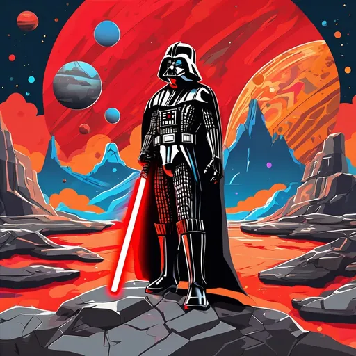 Prompt: Darth Vader with red lightsaber standing on a rocky surface with planets in the background, intricate design pop art, fortnite skin, dark grey and orange colours, style of cartoon, mountains, bold psychedelic colors, to infinity and beyond, nomad