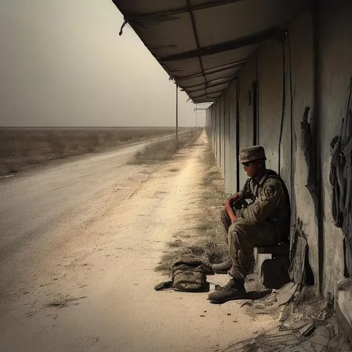 Prompt: Make a picture of a solider sitting alone in the middle of the nowhere,he is sad and there is a shelter next to him
