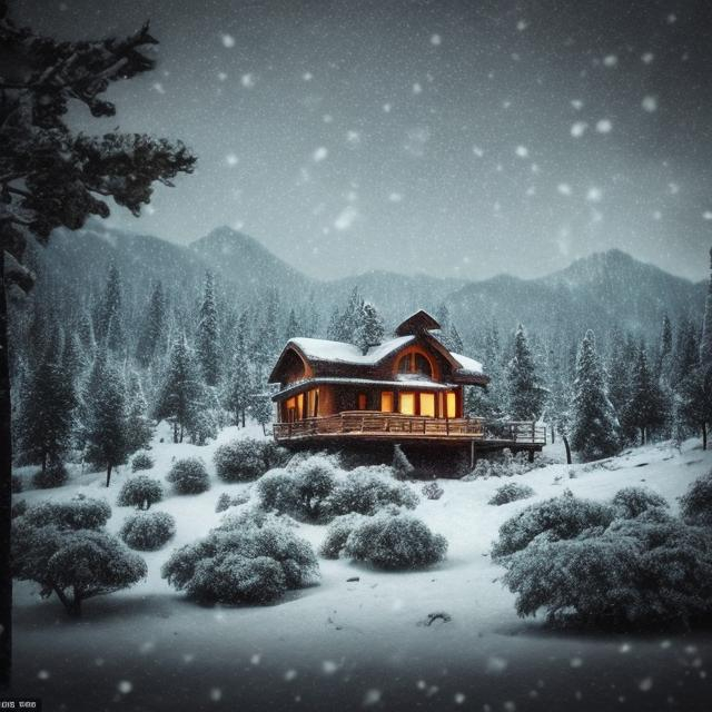 Prompt: Make a picture of a little house far away in the mountains, weather is cold and it's snowing, put a forest in the behind of the house and put some trees around that house,house is a bit older