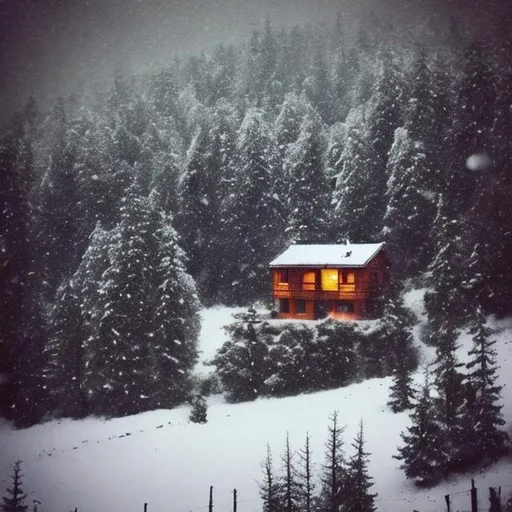 Prompt: Make a picture of a little house in the mountains,weather is cold it's snowing and there is a forest far in the behind put some trees round that house