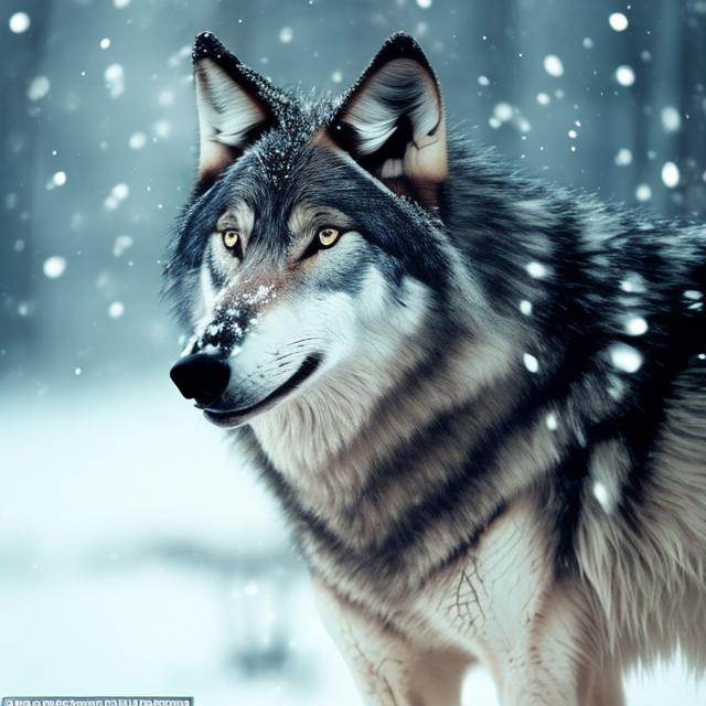 Prompt: Make a picture of a wolf looking at us with his head down,he is in the snow,make the weather look cold,add some trees to a picture
