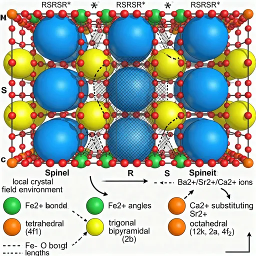 Prompt: The magnetoplubite structure of M-type nanohexaferrite consists of alternivelive as spinel(S) and hexaferrite(R) blocks stacked the c-axis in the sequence RSRSR*, where the asterisk denotes a 180° rotation of the block around the c-axis. Each unit cell consists of 64 closely packed oxygen ions, with Ba2+/Sr2+/Ca2+ ions filling the large interstitial spaces between the oxygen layers. The Fe2+ ions are found in five distinct crystallographic locations: one tetrahedral (4f1), one trigonal bipyramidal (2b) site, and three octahedral (12k, 2a, and 4f₂) sites. The substitution of Ca2+ for Sr2+ causes subtle structural distortions by changing the Fe-O bond lengths and bond angles as well as the local crystal field environment.