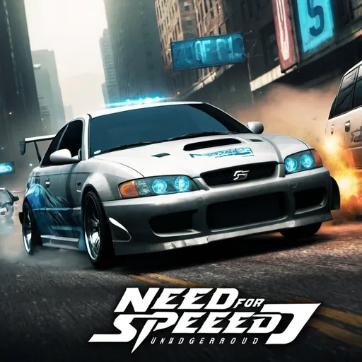 Prompt: a front cover for the hit game need for speed underground must include a car
