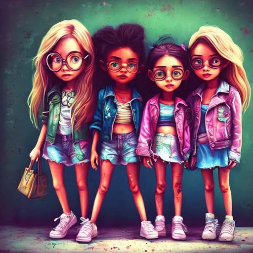 Prompt: Cartoon illustration of a small poor girl next to two rich girls, painting, realistic, torn clothes, expensive clothes, contrast, storytelling, vivid colors, cartoon, detailed faces, emotional expressions, professional, high quality, vibrant, lighting