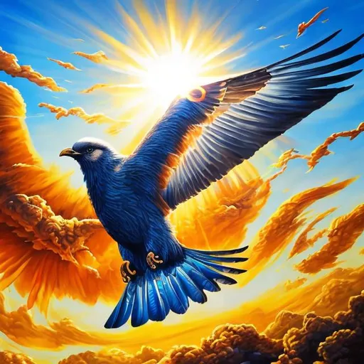 Prompt: Realistic painting of a majestic bird flying in front of the sun, clear blue sky, detailed feathers, vibrant sunlight, high-quality, realistic, clear blue sky, majestic bird, sunlight, detailed feathers, vibrant, professional, realistic painting, atmospheric lighting