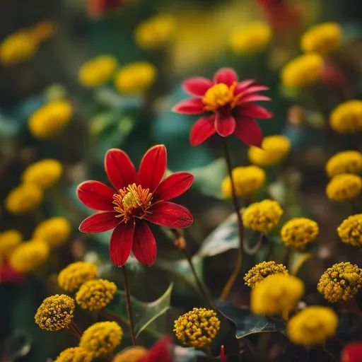 Prompt: one red flower among a bunch of yellow flowers, realistic, artistic, vibrant