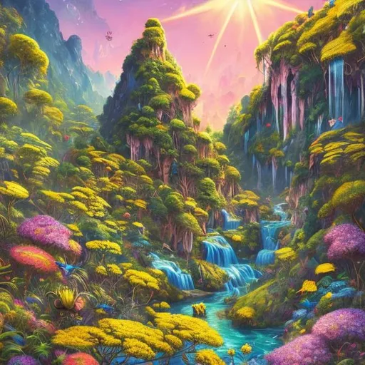 Prompt: vibrant fantasy illustration of a green field with yellow flowers, blue mountains, birds flying in the sky, waterfall running down the mountain into a stream, realistic, high quality, vibrant colors, fantasy style, detailed petals, lush greenery, magical atmosphere, golden sunlight, intricate details, bee pollinating, professional, realistic rendering, lush fantasy, vibrant tones, natural lighting