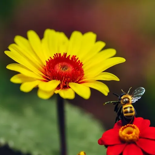 Prompt: one red flower among a bunch of yellow flowers, realistic, artistic, vibrant. One bee with distinct colors sitting on one red flower