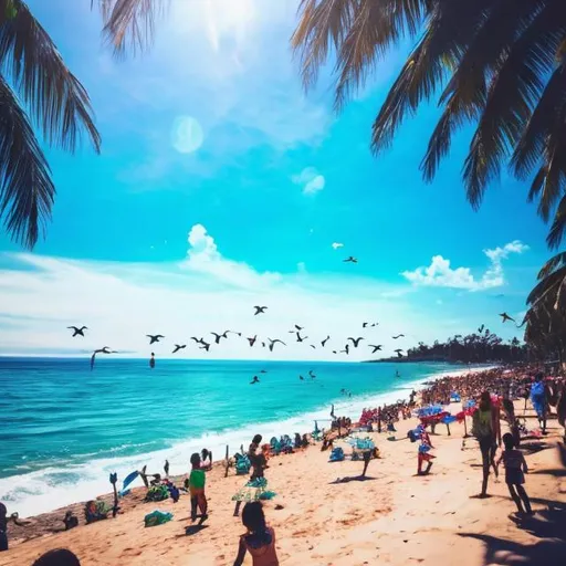 Prompt: Bright and Clear blue sky, few birds flying, clouds spread across, ocean below, beach lined with coconut trees and filled with people playing in the water, sun shining brightly, realistic, photo