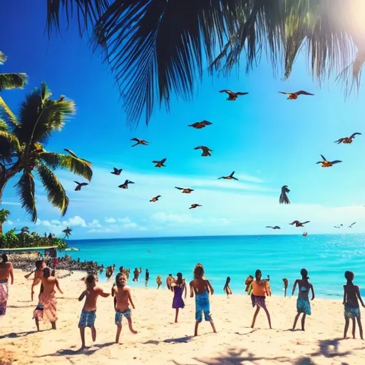 Prompt: Bright and Clear blue sky, few birds flying, clouds spread across, ocean below, beach lined with coconut trees and filled with people playing in the water, sun shining brightly, realistic, photo