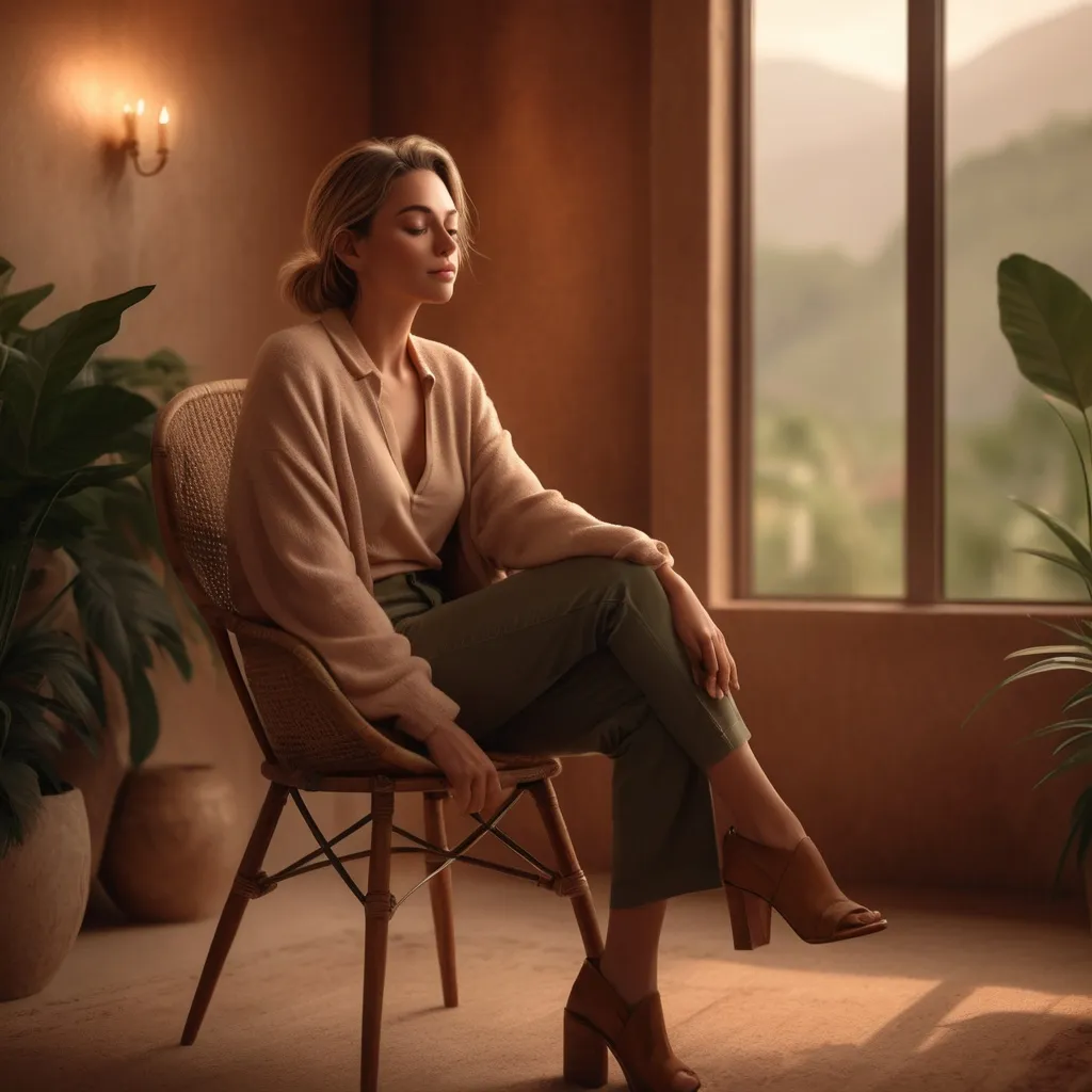 Prompt: A woman sitting on a chair, (contemplative pose), expression of serenity, stylish outfit, realistic textures, (warm soft lighting), high-quality details, inviting ambiance, lush background elements, artistic touch, (4K resolution), earth color palette, atmospheric charm, relaxed setting, natural environment.