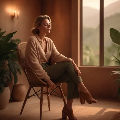 Prompt: A woman sitting on a chair, (contemplative pose), expression of serenity, stylish outfit, realistic textures, (warm soft lighting), high-quality details, inviting ambiance, lush background elements, artistic touch, (4K resolution), earth color palette, atmospheric charm, relaxed setting, natural environment.