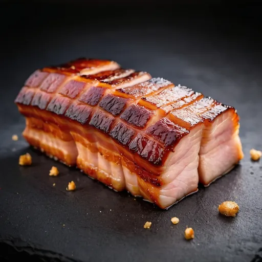 Prompt: Crackled pork belly on a solid background