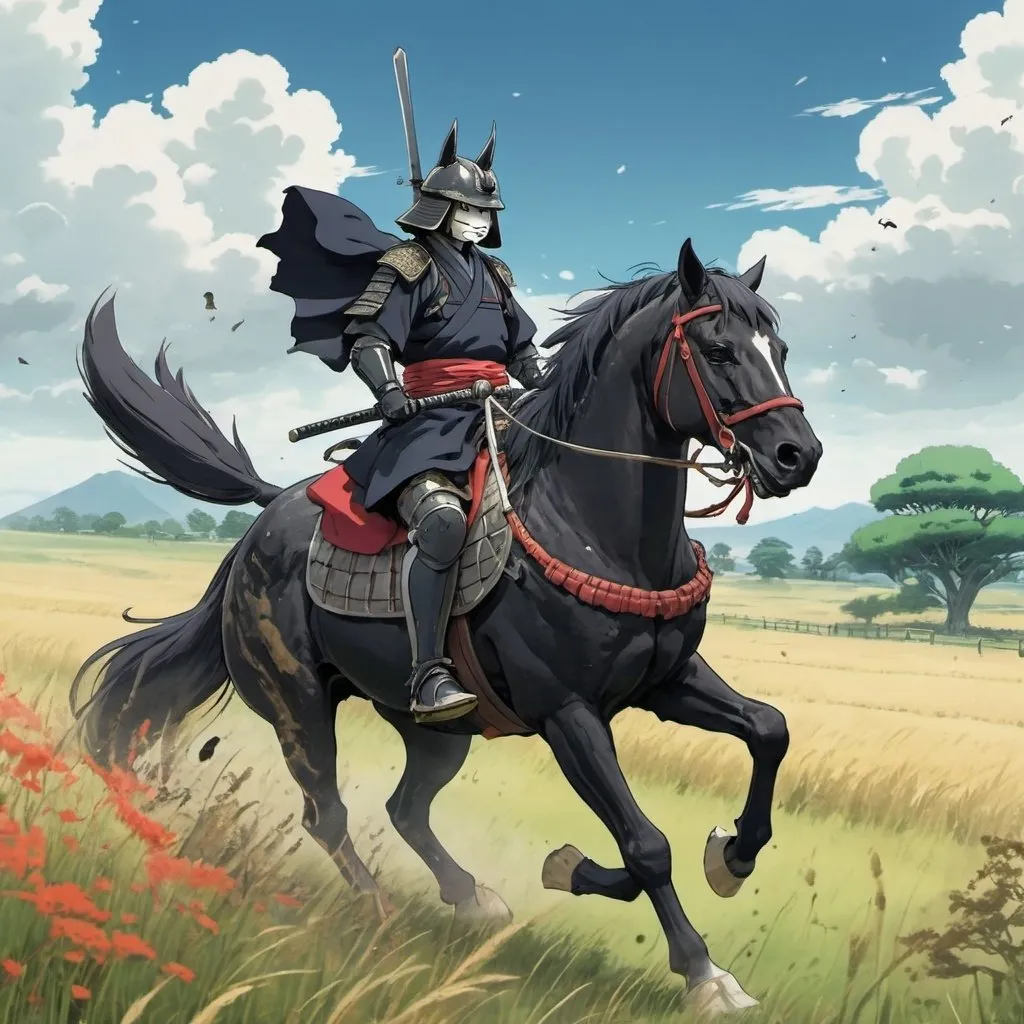 Prompt: 2d studio ghibli anime style, Samurai cat riding a black horse in the middle of a field with the remains of a battle. , anime scene