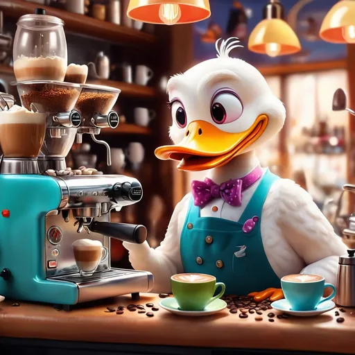 Prompt: a duck barista on espresso machine