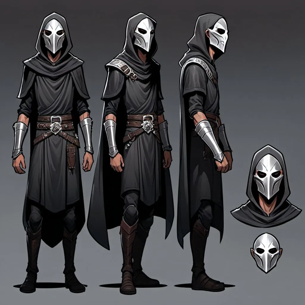 Prompt: Character illustration sheet for a male human dungeons and dragons character, he is tall and skinny and is covered in black carrying two dragger on the side, his face is covered by a plain mask made of polished silver, multiple angles, facial focus, intense aura, 