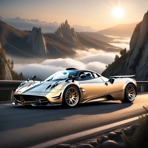 Prompt: Create a breathtaking, hyper-realistic image of a Pagani supercar in an awe-inspiring setting that exudes power, elegance, and exclusivity. The scene is set on a winding mountain pass, high above the clouds, where the road clings to the rugged cliffs. The sun is setting on the horizon, casting a golden glow that shimmers across the car’s exposed carbon fiber body, highlighting its intricate aerodynamics and sculpted curves.

The Pagani’s aggressive stance and meticulously crafted details, from the quad exhaust system to the intricately designed wheels, should be captured in stunning clarity. Its headlights gleam like jewels, while the butterfly doors are slightly ajar, hinting at the masterpiece of Italian engineering and luxury within. The scene is alive with motion—wisps of mist curl around the road, distant waterfalls cascade down the cliffs, and the sky is painted with a dramatic blend of deep purples, fiery oranges, and cosmic blues, reflecting off the car’s polished surfaces.

The Pagani sits like a beast ready to pounce, its powerful V12 engine silent for now, but the tension in the air suggests it’s about to unleash its full fury. The tires grip the road, emphasizing the raw performance hidden beneath its artistic exterior. This is not just a car; it’s a piece of automotive art, surrounded by a landscape that only adds to its mystique and dominance.

The final image should radiate majesty, speed, and perfection, capturing the essence of a machine that is both a technological marvel and a dream brought to life.