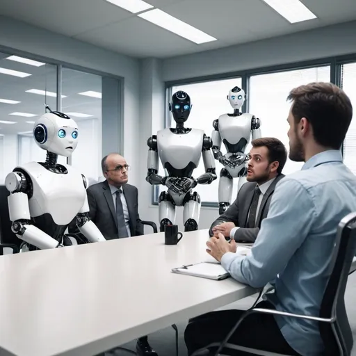 Prompt: A human and a group of robots are talking in an office. The man looks angry and the robots confused.