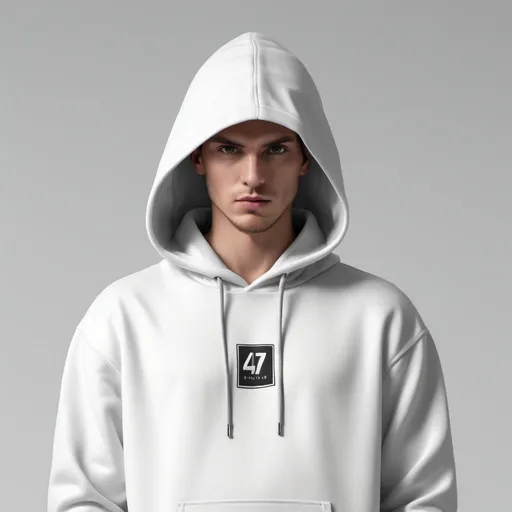 Prompt: Realistic depiction of an oversized white hoodie, white background, 47brand logo prominently displayed, high quality, detailed fabric texture, grayscale, minimalistic lighting, professional realism style, oversized hoodie, 47brand logo, high quality, detailed fabric, grayscale, realistic lighting, minimalistic background