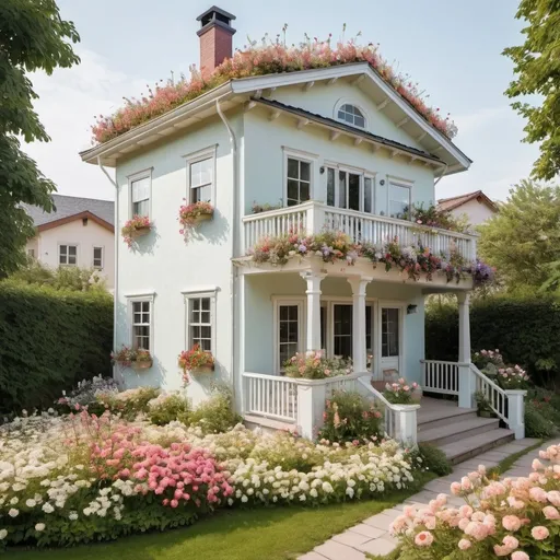 Prompt: A standalone three-story house with a seating area on the roof, painted in a light color and filled with flowers. Flowers extend from the roof down to the bottom of the house, decorating it with blooms. It also has a large garden filled with flowers.