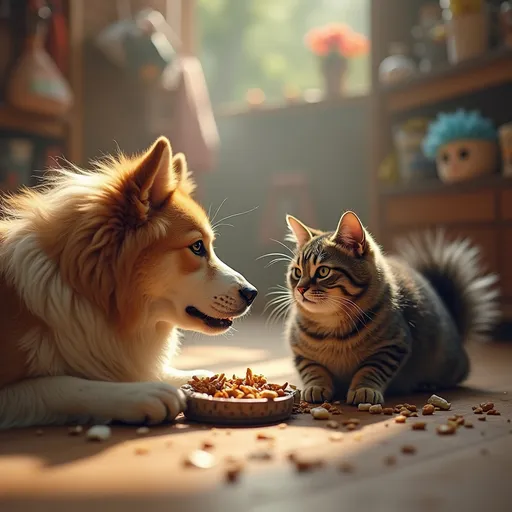 Prompt: Ek Billi aur kutte ke dukaan mein khana kha rahe 
