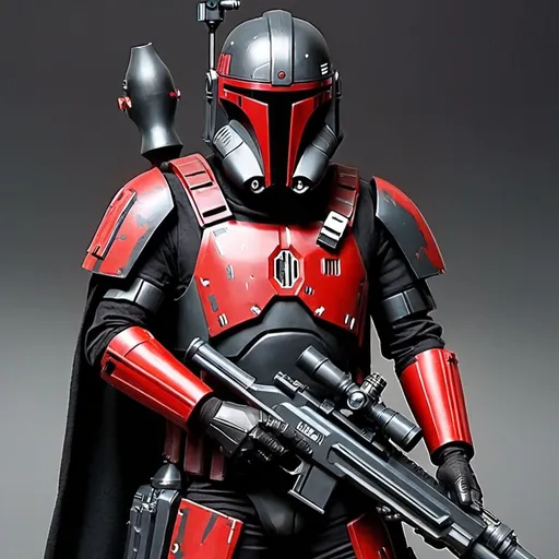Prompt: Star wars bounty hunter with black and red armor and sniper rifle
