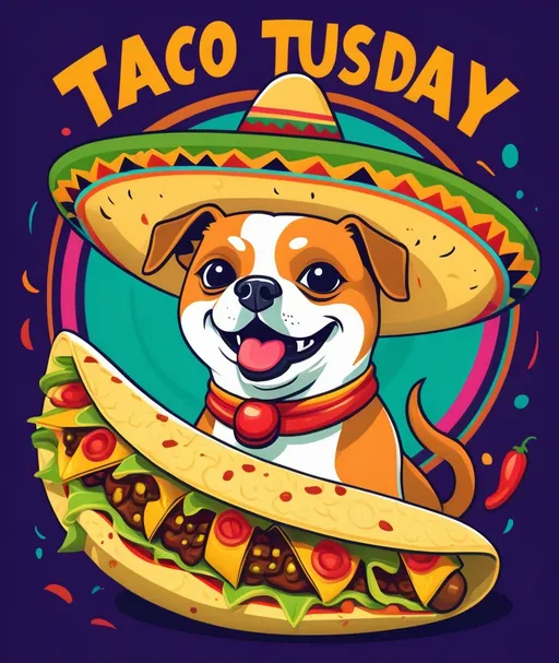 Prompt: Taco Tuesday poster featuring chi hua hua dog with a Mexican hat and a giant Taco with title letters"  Taco Tuesday  Brunch " in a colorful cartoon style