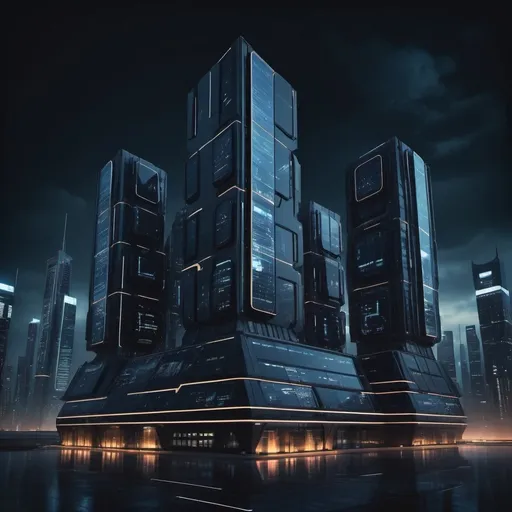 Prompt: Futuristic building front view at night, (dark color scheme) with bright very large multiple square-shaped windows with clear borders, (cybernetic style), captivating city skyline, looming skyscrapers surrounded by digital screens, (moody atmosphere), (ultra-detailed), (high quality), deep shadows enhancing the sleek architectural designs.