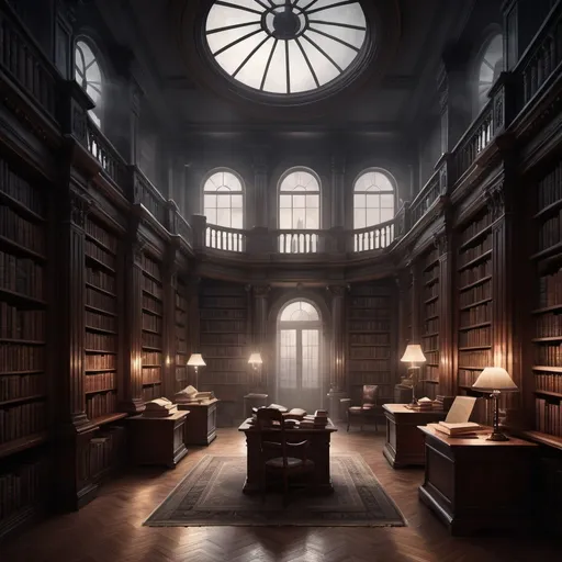 Prompt: Dark academia style illustration of a 19th-century tower library, neoclassical white columns, low light, windowless, vintage atmosphere, dusty books, mahogany furniture, dimly lit, high quality, detailed illustration, dark academia, vintage, misterious, foggy , a lot of books, victorian