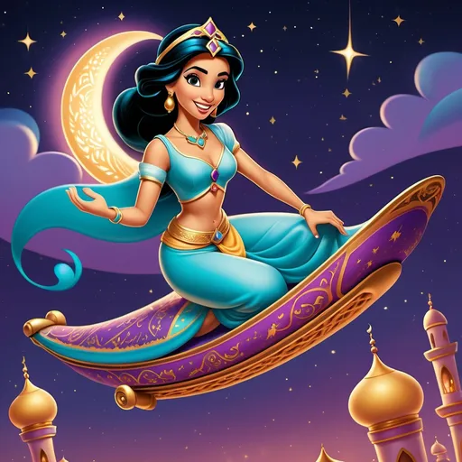 Prompt: Princess Jasmine is riding a flying magic carpet flying through the Arabian night sky.