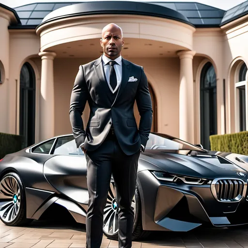 Prompt: A multibillionaire 39 years old light skinned black bald man standing in futuristic concept car bmw in front of a luxurious mansion,the man is dressed in a stylish tailored fitted suit