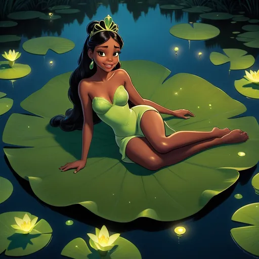 Prompt: Tatiana, princess and the frog, black Disney princess movie, cartoon, seductive, pretty face, full body view,  barefoot, laying on a very huge Lilly pad bed in the middle of a lake, the lilly pad is oversized, low light, frogs are surrounding, moonlight, fireflies