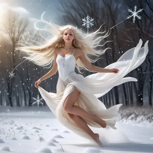 Prompt: Blond beautiful woman fairy, very long hair down to her knees, flying slightly above the ground, floating, celestial face, eloquent form fitting fancy white dress, floating over over a snow covered field, hovering in flight, realistic, snowflakes are falling very long straight white hair, hair is down to the ground, masterpiece quality, black young woman fairy, fairy clothes holding magic wand with a snowflake at the top, big wings, serious face, petite, barefoot, seductive smile, realistic, mystical, 