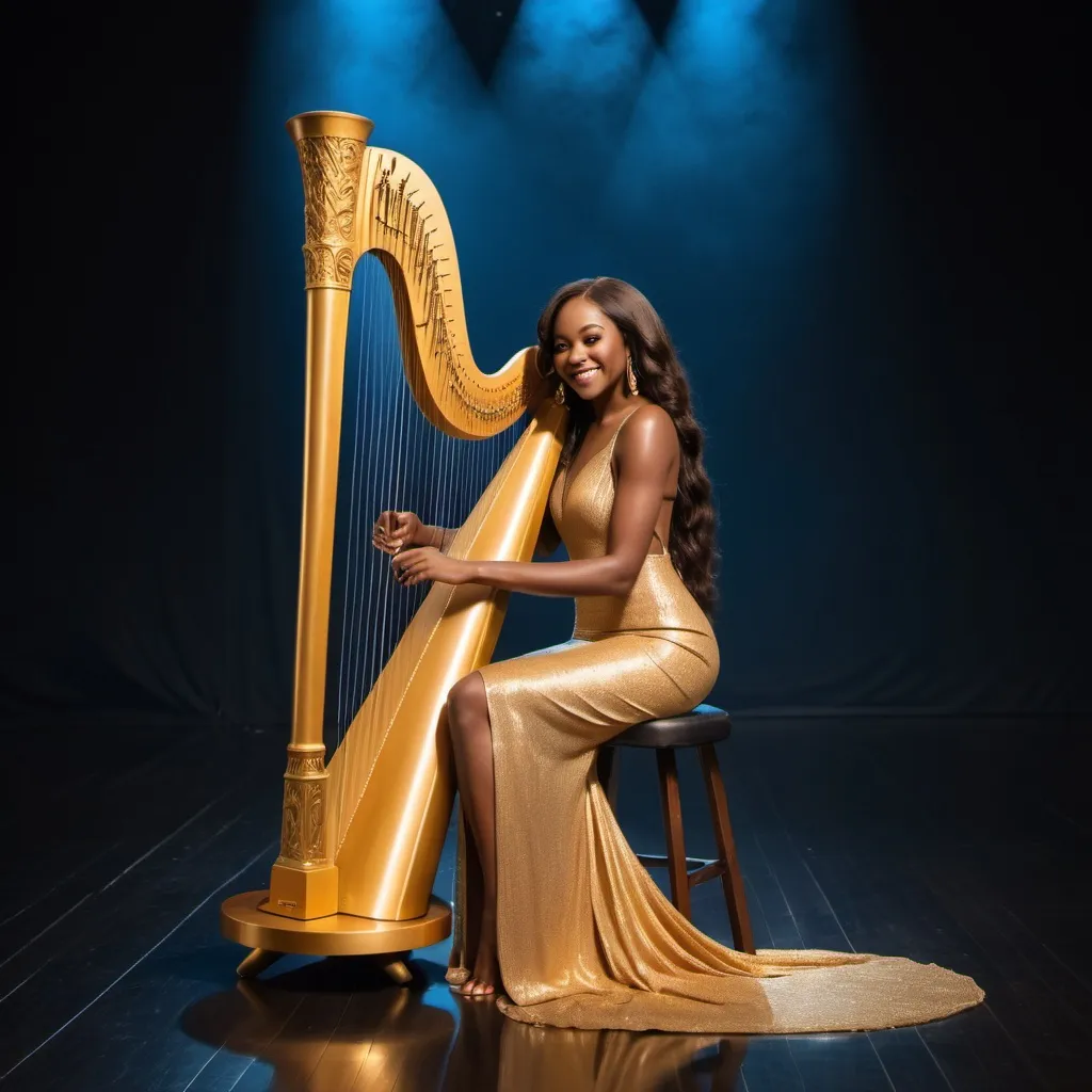 Prompt: Beautiful black woman, strumming strings on a harp, sitting on stool playing harp, large golden harp, long brown hair, thin body, tight dress, high slit on dress, barefeet, feet showing, on large performance stage, smiling face, realistic, full body view