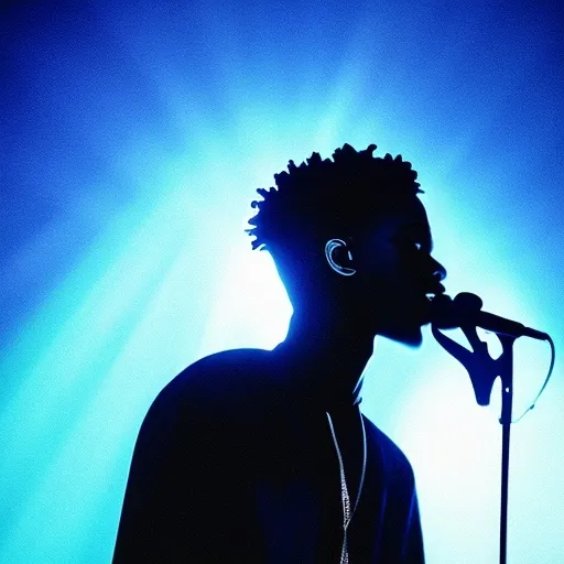 Prompt: Silhouette of a black medium young man singing with a microphone under the light, in the style of hip - pop culture exploration, fujifilm eterna vivid 500t, reefwave, celestialpunk, creative commons attribution, sunrays shine upon it, liquid metal blue