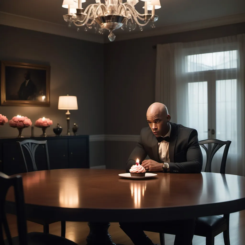 Prompt: A bald light skin black man sits at a huge dinner table alone, inside a large house with modern contemporary furniture, the man is very well dressed, on the table is a single cupcake with a single birthday candle, on , the man is facing away from the viewer, somber, the man is deep in though gazing in the distance