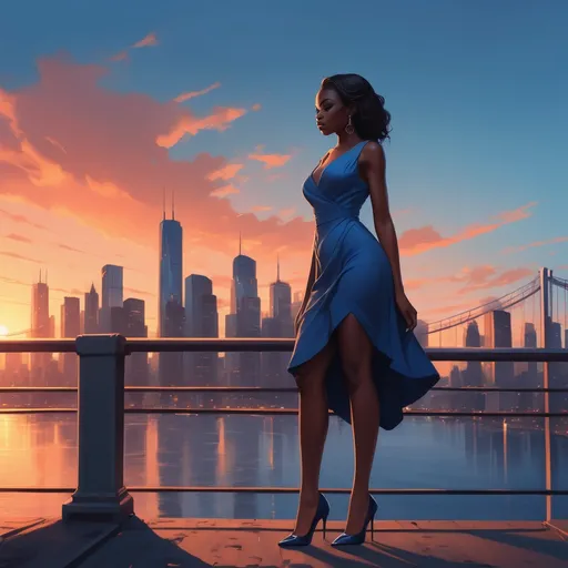 Prompt: a black woman in a blue dress, high heels, is standing on a bridge with a city skyline in the background at sunset, Alena Aenami, romanticism, city background, a matte painting