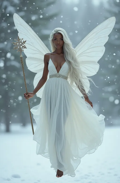 Prompt: Black beautiful young woman fairy, celestial face, eloquent form fitting fancy white dress, floating over over a snow covered field, hovering in flight, realistic, snowflakes are falling very long straight white hair, hair is down to the ground, masterpiece quality, black young woman fairy, fairy clothes holding magic wand with a snowflake at the top, big wings, serious face, petite, barefoot, seductive smile, realistic, mystical, foggy