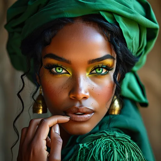 Prompt: African Esmeralda (The Hunchback of Notre-Dame), mysterious smile, full body view, memorizing green eyes, finger index finger is over her lips "secret"